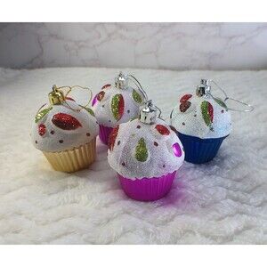 Cupcake Christmas Hanging Ornaments Decor Pink/Purple Gold Blue Glitter Lot of 4